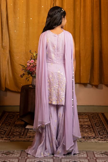 Shop Kirti Agarwal - Pret N Couture Purple Chanderi, Chiffon Embroidery Kurta Sharara Set at Aza Fashions Shop_Kirti Agarwal - Pret N Couture_Purple Chanderi, Chiffon Embroidery Kurta Sharara Set _at_Aza_Fashions