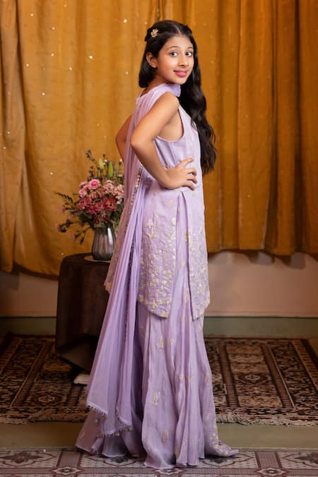 Shop Kirti Agarwal - Pret N Couture Purple Chanderi, Chiffon Embroidery Kurta Sharara Set Online at Aza Fashions Shop_Kirti Agarwal - Pret N Couture_Purple Chanderi, Chiffon Embroidery Kurta Sharara Set _Online_at_Aza_Fashions