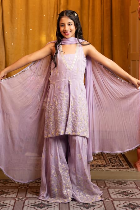 Kirti Agarwal - Pret N Couture Purple Chanderi, Chiffon Embroidery Kurta Sharara Set 