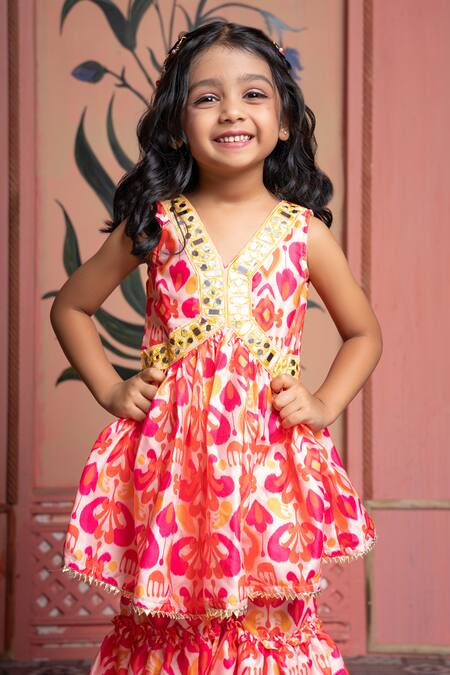 Buy_Kirti Agarwal - Pret N Couture_Pink Modal, Satin Beads And Peach Kurta Sharara Set_Online_at_Aza_Fashions