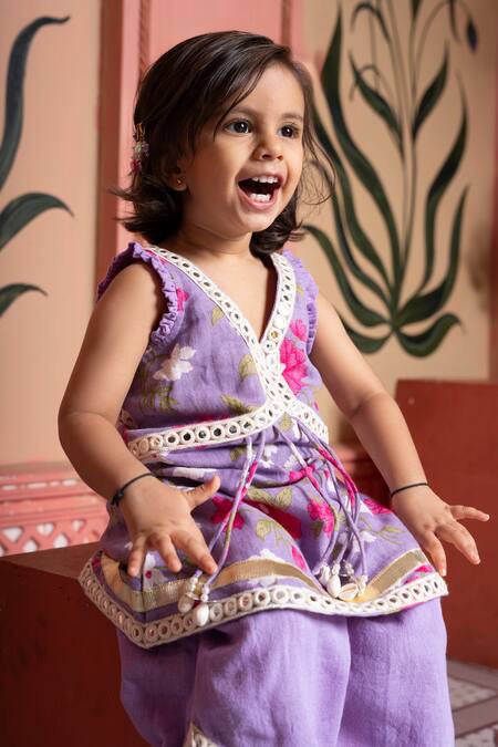 Kirti Agarwal - Pret N Couture_Purple Linen Tassels, Lace Floral Kurta And Flared Pant Set _Online_at_Aza_Fashions