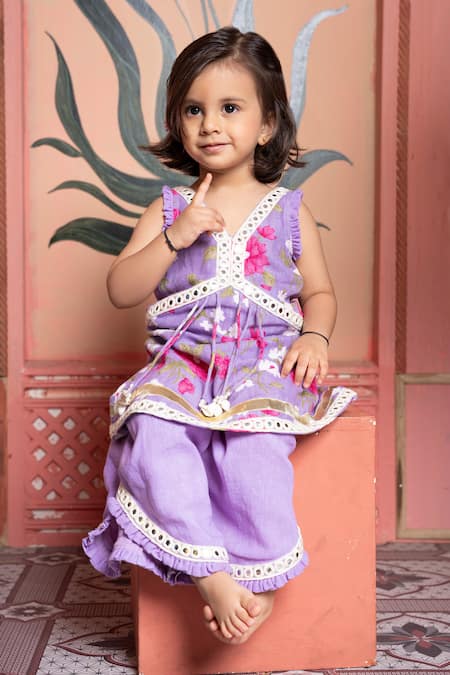 Buy_Kirti Agarwal - Pret N Couture_Purple Linen Tassels, Lace Floral Kurta And Flared Pant Set _Online_at_Aza_Fashions