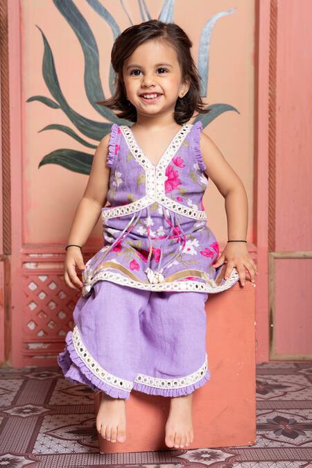 Shop_Kirti Agarwal - Pret N Couture_Purple Linen Tassels, Lace Floral Kurta And Flared Pant Set _Online_at_Aza_Fashions