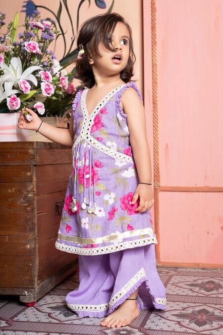 Kirti Agarwal - Pret N Couture_Purple Linen Tassels, Lace Floral Kurta And Flared Pant Set _at_Aza_Fashions