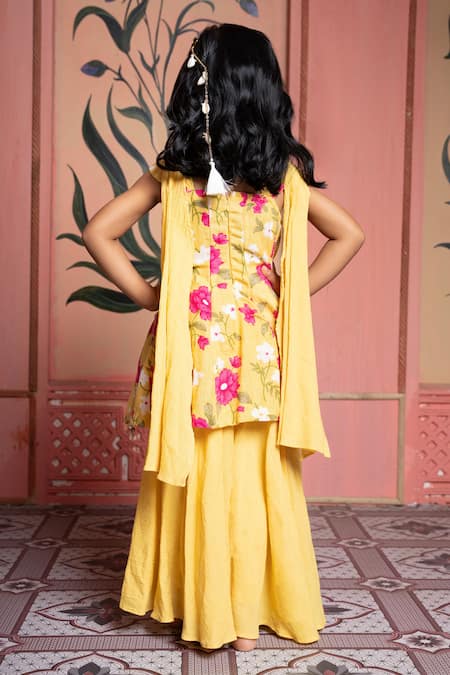 Shop_Kirti Agarwal - Pret N Couture_Yellow Linen Pom-poms, Tassels Floral Print Kurta Palazzo Set _at_Aza_Fashions