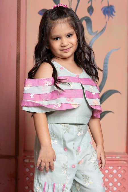 Buy_Kirti Agarwal - Pret N Couture_Green , Silk Embroidery Sea Top And Palazzo Set _Online_at_Aza_Fashions