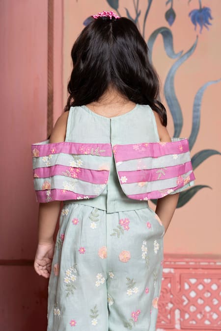 Shop_Kirti Agarwal - Pret N Couture_Green , Silk Embroidery Sea Top And Palazzo Set _at_Aza_Fashions