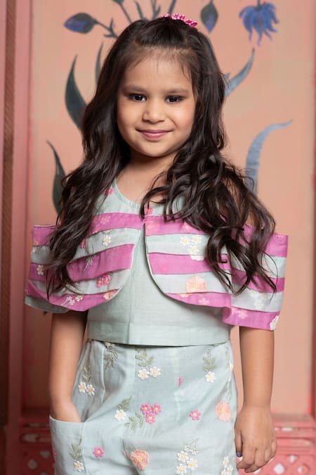 Shop_Kirti Agarwal - Pret N Couture_Green , Silk Embroidery Sea Top And Palazzo Set _Online_at_Aza_Fashions