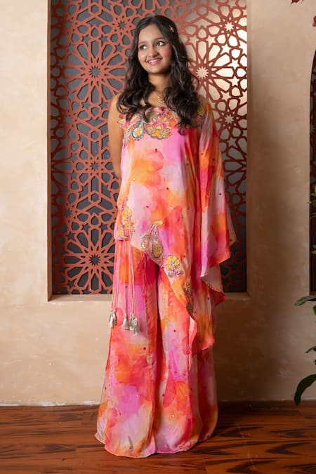 Kirti Agarwal - Pret N Couture Pink Satin, Crepe, Organza Embroidery Vibrant Crop Top Cape Sharara Set