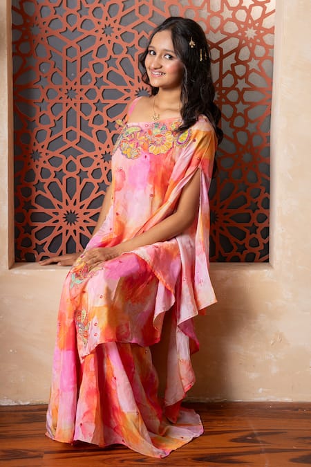 Buy_Kirti Agarwal - Pret N Couture_Pink Satin, Crepe, Organza Embroidery Vibrant Crop Top Cape Sharara Set _Online_at_Aza_Fashions