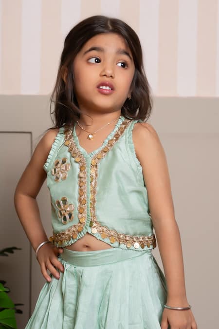 Kirti Agarwal - Pret N Couture_Green Silk Beads, Sequins, Embroidery Mint Lehenga Set_Online_at_Aza_Fashions