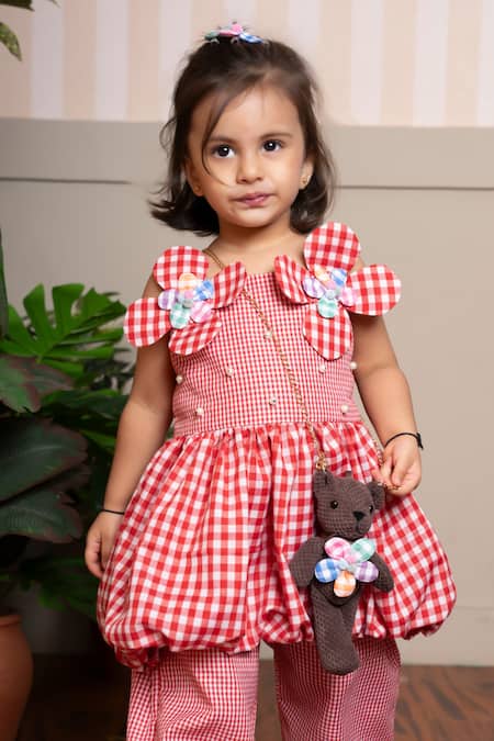 Kirti Agarwal - Pret N Couture Red Cotton Applique, Fabric Flowers Gingham Peplum Top And Pant Set Online at Aza Fashions Kirti Agarwal - Pret N Couture_Red Cotton Applique, Fabric Flowers Gingham Peplum Top And Pant Set _Online_at_Aza_Fashions