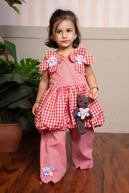 Kirti Agarwal - Pret N Couture Red Cotton Applique, Fabric Flowers Gingham Peplum Top And Pant Set