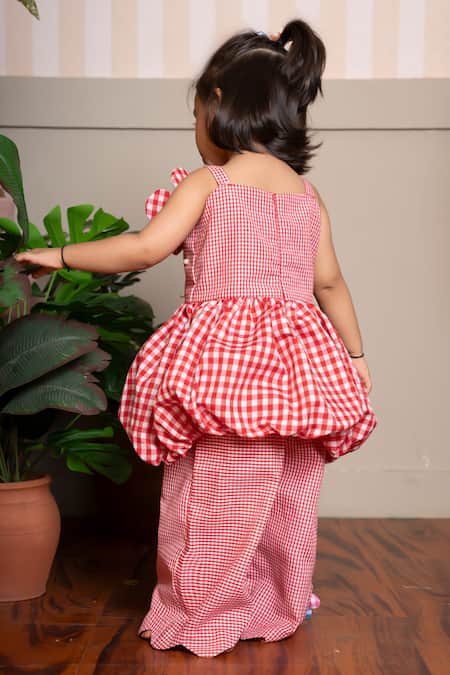 Shop Kirti Agarwal - Pret N Couture Red Cotton Applique, Fabric Flowers Gingham Peplum Top And Pant Set at Aza Fashions Shop_Kirti Agarwal - Pret N Couture_Red Cotton Applique, Fabric Flowers Gingham Peplum Top And Pant Set _at_Aza_Fashions