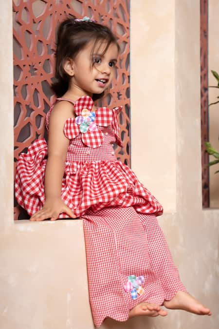 Buy Kirti Agarwal - Pret N Couture Red Cotton Applique, Fabric Flowers Gingham Peplum Top And Pant Set Online at Aza Fashions Buy_Kirti Agarwal - Pret N Couture_Red Cotton Applique, Fabric Flowers Gingham Peplum Top And Pant Set _Online_at_Aza_Fashions