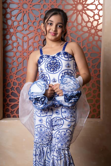 Shop Kirti Agarwal - Pret N Couture Blue Crepe, Organza Beads, Embroidery And White Designer Sharara Set at Aza Fashions Shop_Kirti Agarwal - Pret N Couture_Blue Crepe, Organza Beads, Embroidery And White Designer Sharara Set _at_Aza_Fashions
