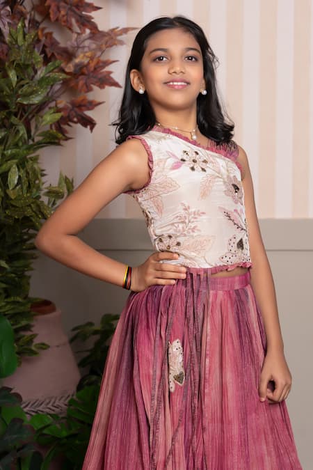 Kirti Agarwal - Pret N Couture_Beige Silk, Tissue Embroidery, Tassels Designer Pink And Top Skirt Set _Online_at_Aza_Fashions