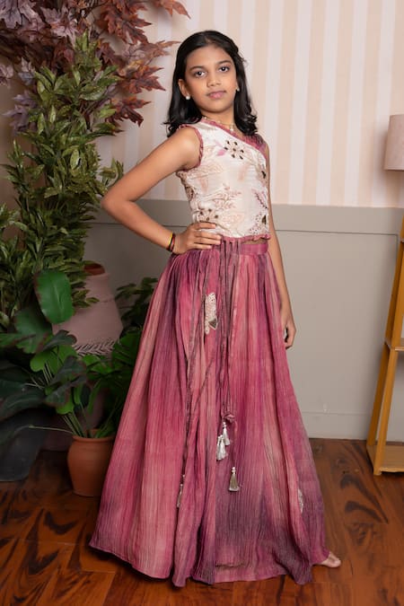 Buy_Kirti Agarwal - Pret N Couture_Beige Silk, Tissue Embroidery, Tassels Designer Pink And Top Skirt Set _Online_at_Aza_Fashions