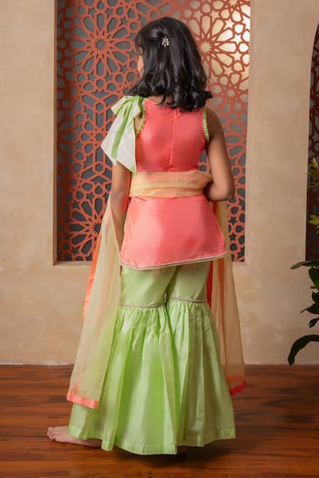 Shop Kirti Agarwal - Pret N Couture Orange Silk, Organza Embroidery And Green Tunic Sharara Set at Aza Fashions Shop_Kirti Agarwal - Pret N Couture_Orange Silk, Organza Embroidery And Green Tunic Sharara Set _at_Aza_Fashions