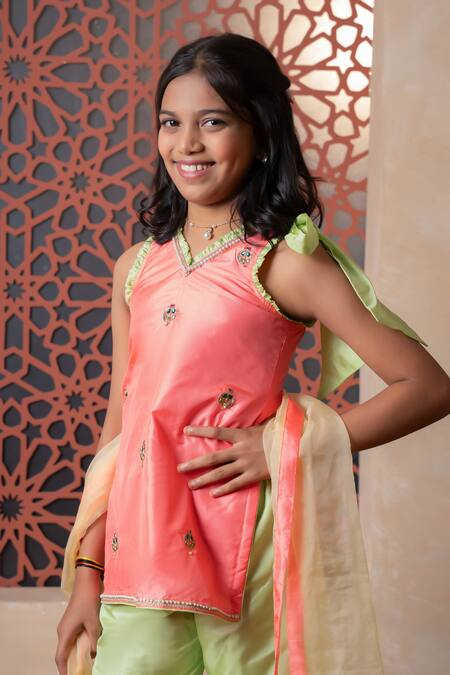 Kirti Agarwal - Pret N Couture Orange Silk, Organza Embroidery And Green Tunic Sharara Set Online at Aza Fashions Kirti Agarwal - Pret N Couture_Orange Silk, Organza Embroidery And Green Tunic Sharara Set _Online_at_Aza_Fashions