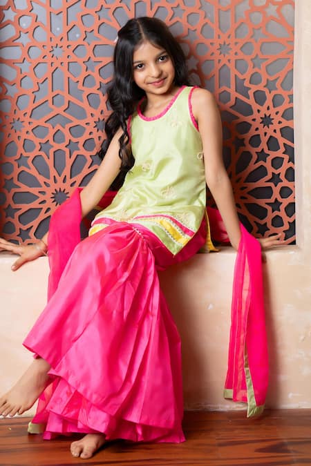 Buy Kirti Agarwal - Pret N Couture Green Silk, Cotton, Organza Embroidery Designer Pink And Tunic Sharara Set Online at Aza Fashions Buy_Kirti Agarwal - Pret N Couture_Green Silk, Cotton, Organza Embroidery Designer Pink And Tunic Sharara Set _Online_at_Aza_Fashions