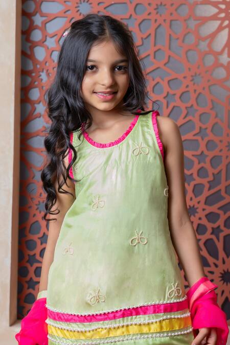 Shop Kirti Agarwal - Pret N Couture Green Silk, Cotton, Organza Embroidery Designer Pink And Tunic Sharara Set Online at Aza Fashions Shop_Kirti Agarwal - Pret N Couture_Green Silk, Cotton, Organza Embroidery Designer Pink And Tunic Sharara Set _Online_at_Aza_Fashions