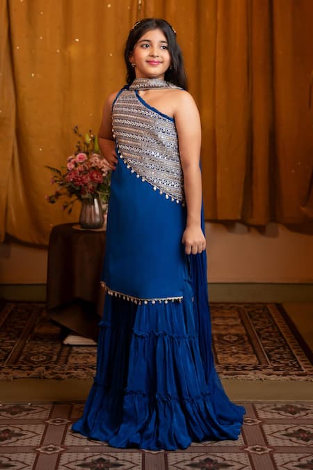 Kirti Agarwal - Pret N Couture Blue Crepe, Chiffon Sequins Royal Tunic Set