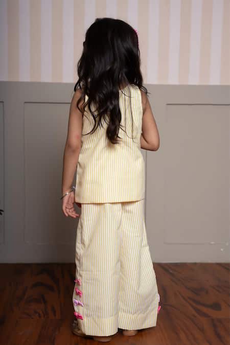Shop Kirti Agarwal - Pret N Couture Yellow Cotton Bows Striped Top And Palazzo Set at Aza Fashions Shop_Kirti Agarwal - Pret N Couture_Yellow Cotton Bows Striped Top And Palazzo Set _at_Aza_Fashions