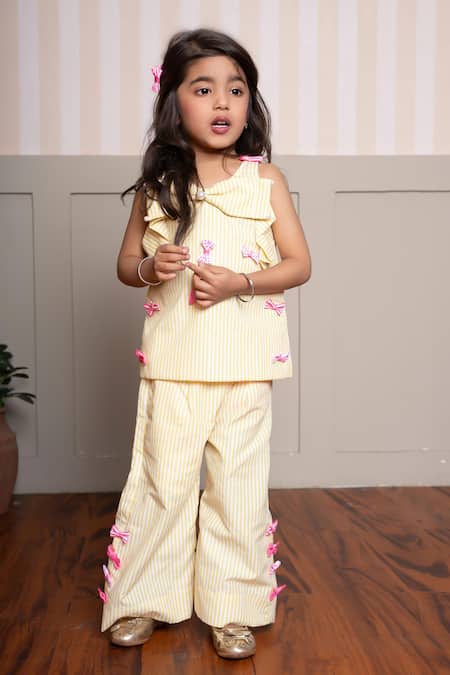 Kirti Agarwal - Pret N Couture Yellow Cotton Bows Striped Top And Palazzo Set Online at Aza Fashions Kirti Agarwal - Pret N Couture_Yellow Cotton Bows Striped Top And Palazzo Set _Online_at_Aza_Fashions