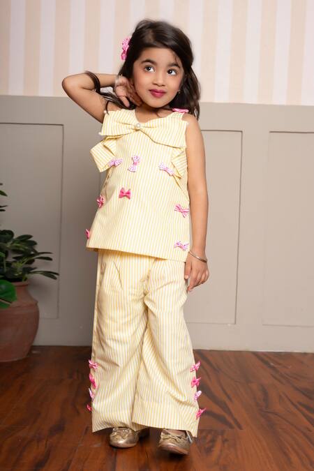 Buy Kirti Agarwal - Pret N Couture Yellow Cotton Bows Striped Top And Palazzo Set Online at Aza Fashions Buy_Kirti Agarwal - Pret N Couture_Yellow Cotton Bows Striped Top And Palazzo Set _Online_at_Aza_Fashions