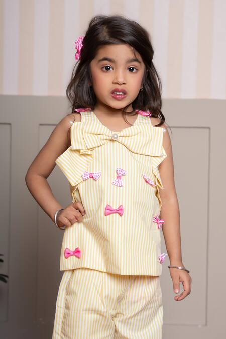 Shop Kirti Agarwal - Pret N Couture Yellow Cotton Bows Striped Top And Palazzo Set Online at Aza Fashions Shop_Kirti Agarwal - Pret N Couture_Yellow Cotton Bows Striped Top And Palazzo Set _Online_at_Aza_Fashions