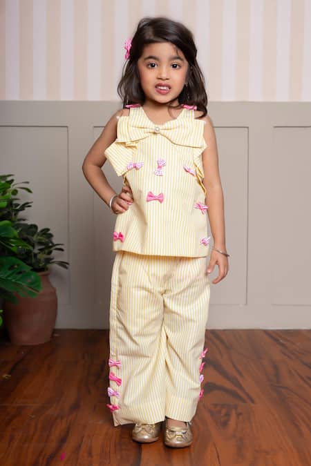 Kirti Agarwal - Pret N Couture Yellow Cotton Bows Striped Top And Palazzo Set 