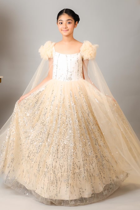 Kirti Agarwal - Pret N Couture Gold Net, Silk Sequins Embellished Gown 