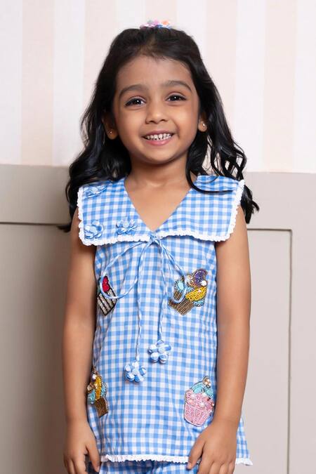 Kirti Agarwal - Pret N Couture Blue Cotton Embroidery, Lace Gingham Top And Palazzo Set Online at Aza Fashions Kirti Agarwal - Pret N Couture_Blue Cotton Embroidery, Lace Gingham Top And Palazzo Set _Online_at_Aza_Fashions