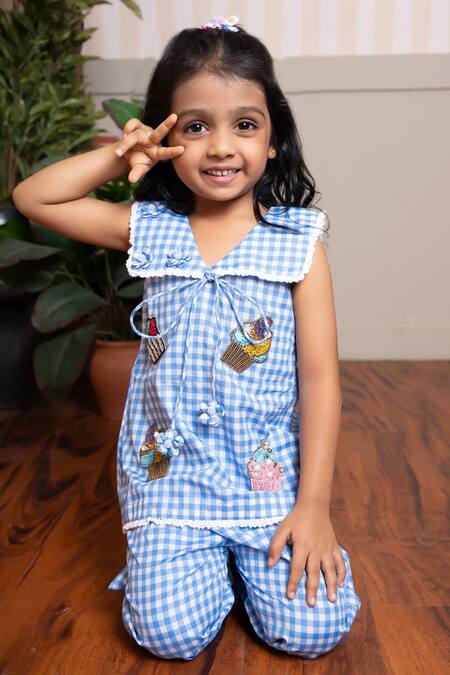 Shop Kirti Agarwal - Pret N Couture Blue Cotton Embroidery, Lace Gingham Top And Palazzo Set Online at Aza Fashions Shop_Kirti Agarwal - Pret N Couture_Blue Cotton Embroidery, Lace Gingham Top And Palazzo Set _Online_at_Aza_Fashions