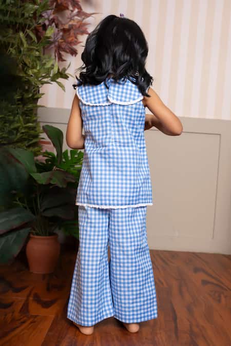Shop Kirti Agarwal - Pret N Couture Blue Cotton Embroidery, Lace Gingham Top And Palazzo Set at Aza Fashions Shop_Kirti Agarwal - Pret N Couture_Blue Cotton Embroidery, Lace Gingham Top And Palazzo Set _at_Aza_Fashions