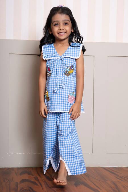 Kirti Agarwal - Pret N Couture Blue Cotton Embroidery, Lace Gingham Top And Palazzo Set at Aza Fashions Kirti Agarwal - Pret N Couture_Blue Cotton Embroidery, Lace Gingham Top And Palazzo Set _at_Aza_Fashions