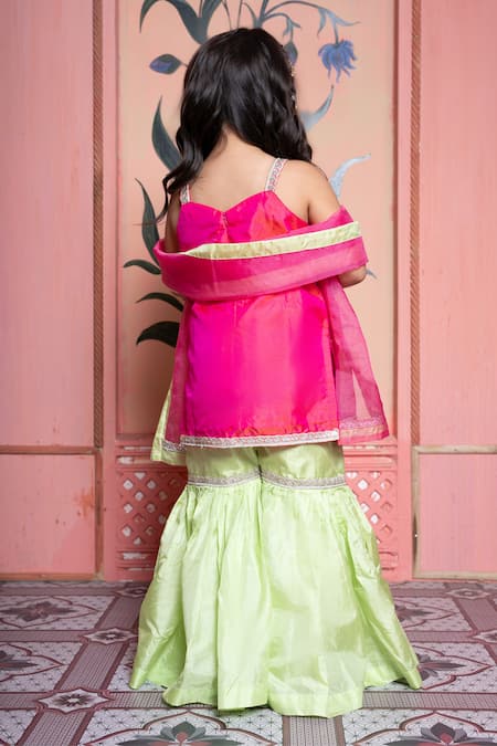 Shop Kirti Agarwal - Pret N Couture Pink Silk, Organza Embroidery And Green Kurta Sharara Set at Aza Fashions Shop_Kirti Agarwal - Pret N Couture_Pink Silk, Organza Embroidery And Green Kurta Sharara Set _at_Aza_Fashions