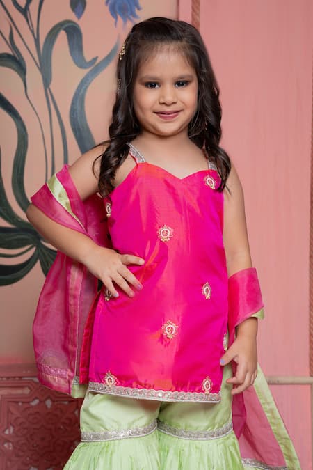 Kirti Agarwal - Pret N Couture Pink Silk, Organza Embroidery And Green Kurta Sharara Set Online at Aza Fashions Kirti Agarwal - Pret N Couture_Pink Silk, Organza Embroidery And Green Kurta Sharara Set _Online_at_Aza_Fashions