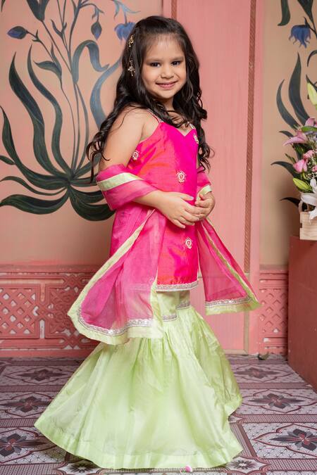 Shop Kirti Agarwal - Pret N Couture Pink Silk, Organza Embroidery And Green Kurta Sharara Set Online at Aza Fashions Shop_Kirti Agarwal - Pret N Couture_Pink Silk, Organza Embroidery And Green Kurta Sharara Set _Online_at_Aza_Fashions