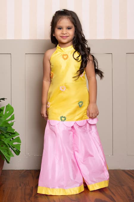 Buy Kirti Agarwal - Pret N Couture Yellow Silk Embroidery And Pink Tunic Palazzo Set Online at Aza Fashions Buy_Kirti Agarwal - Pret N Couture_Yellow Silk Embroidery And Pink Tunic Palazzo Set _Online_at_Aza_Fashions