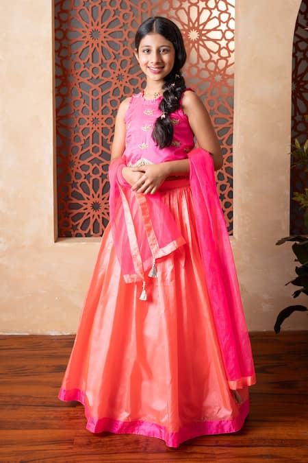 Shop Kirti Agarwal - Pret N Couture Pink Silk, Organza Embroidery And Orange Lehenga Set Online at Aza Fashions Shop_Kirti Agarwal - Pret N Couture_Pink Silk, Organza Embroidery And Orange Lehenga Set _Online_at_Aza_Fashions