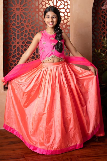 Buy Kirti Agarwal - Pret N Couture Pink Silk, Organza Embroidery And Orange Lehenga Set Buy_Kirti Agarwal - Pret N Couture_Pink Silk, Organza Embroidery And Orange Lehenga Set
