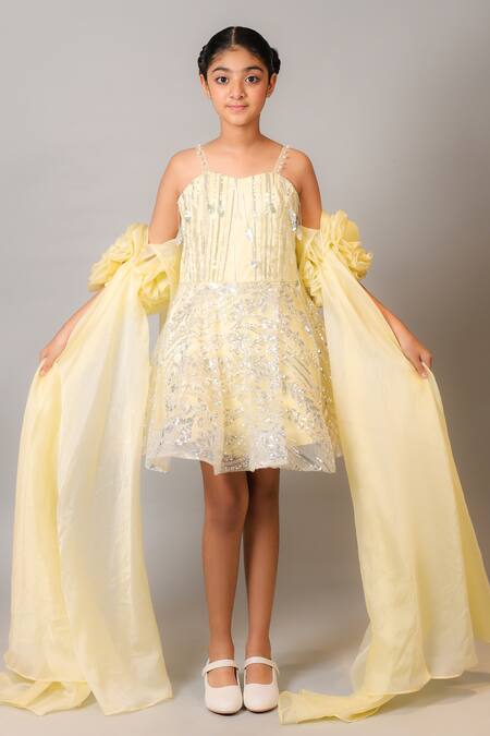 Kirti Agarwal - Pret N Couture Yellow Net, Organza Sequins Designer Dress With Drape Sleeves Online at Aza Fashions Kirti Agarwal - Pret N Couture_Yellow Net, Organza Sequins Designer Dress With Drape Sleeves _Online_at_Aza_Fashions