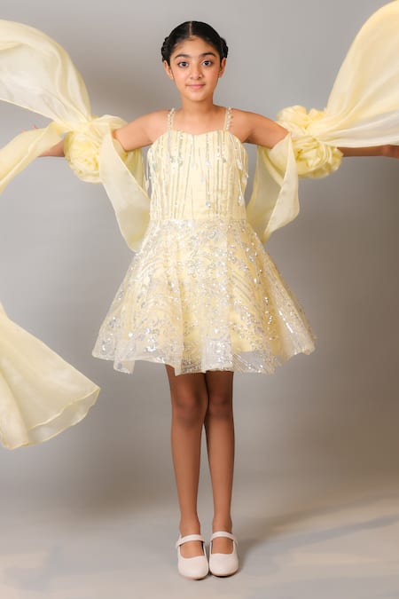 Shop Kirti Agarwal - Pret N Couture Yellow Net, Organza Sequins Designer Dress With Drape Sleeves at Aza Fashions Shop_Kirti Agarwal - Pret N Couture_Yellow Net, Organza Sequins Designer Dress With Drape Sleeves _at_Aza_Fashions