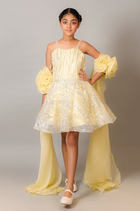 Kirti Agarwal - Pret N Couture Yellow Net, Organza Sequins Designer Dress With Drape Sleeves