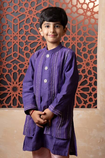 Buy_Kirti Agarwal - Pret N Couture_Purple Chanderi, Silk Embroidery Kurta And Pant Set _Online_at_Aza_Fashions