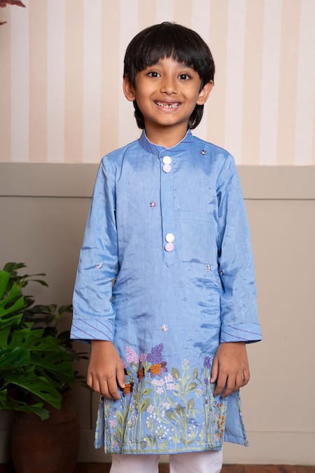 Buy_Kirti Agarwal - Pret N Couture_Blue Silk, Cotton Embroidery Designer Kurta And Pyjama Set_Online_at_Aza_Fashions