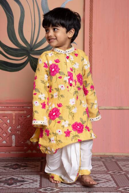 Buy Kirti Agarwal - Pret N Couture Yellow Linen, Cotton, Silk Embroidery Floral Kurta And Dhoti Pant Set Online at Aza Fashions Buy_Kirti Agarwal - Pret N Couture_Yellow Linen, Cotton, Silk Embroidery Floral Kurta And Dhoti Pant Set _Online_at_Aza_Fashions