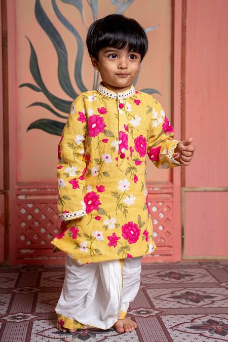 Shop Kirti Agarwal - Pret N Couture Yellow Linen, Cotton, Silk Embroidery Floral Kurta And Dhoti Pant Set Online at Aza Fashions Shop_Kirti Agarwal - Pret N Couture_Yellow Linen, Cotton, Silk Embroidery Floral Kurta And Dhoti Pant Set _Online_at_Aza_Fashions